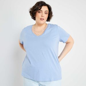 T-shirt en jersey à col V Bleu pâle