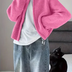 Cardigan Oversize Zippé Rose - Confort Douillet et Style Moderne