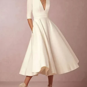 Robe Midi Ivoire | Élégante | Décolleté V & Jupe Évasée