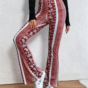 Pantalon Flare Velours : Imprimé Bohème, Rétro Chic