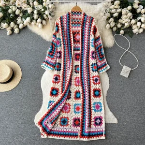Cardigan Long Crochet Femme Multicolore Bohème Artisanal Coton