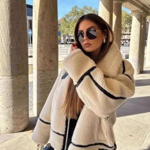 Veste Aviateur Femme Effet Mouton Beige - Doublure Chaude Style Rétro