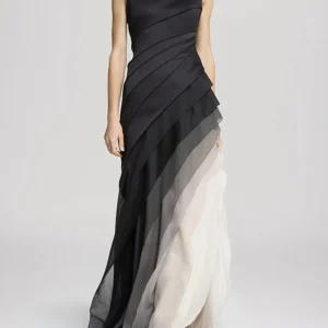 Robe de Soirée Longue Plissée | Ombrée Dégradé Noir Gris | Élégance Cérémonie Gala