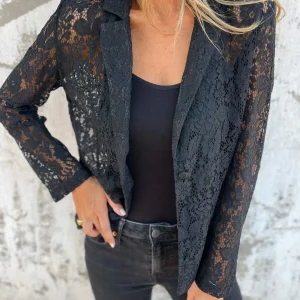 Blazer Dentelle Transparente Noir Femme - Élégance Raffinée