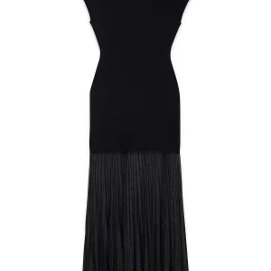 Robe Longue Maille Ajustée | Manches Courtes Col Rond | Ourlet Tulle Plissé Transparent