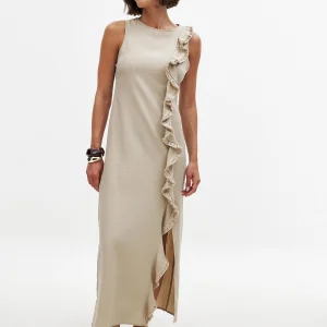 Robe Midi Col Haut Détendu | Coupe Relax Franges | Fente Latérale