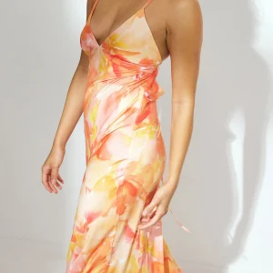 Robe Midi Satinée Décolleté V | Bretelles à Nouer Fluide | Ourlet à Volants Chic