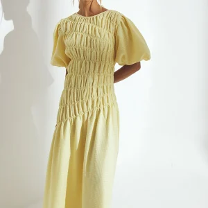 Robe Longue Femme | Effet Froncé & Manches Ballon | Silhouette Aérée & Élégance Moderne